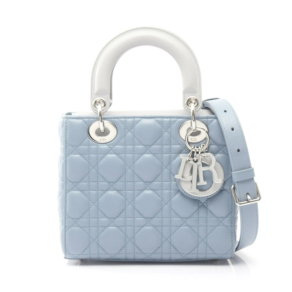Christian Dior Lady Cannage Handbag Leather Blue Gray
